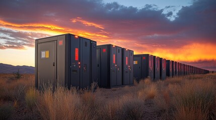 Sunset over a row of data center containers in a desert landscape.