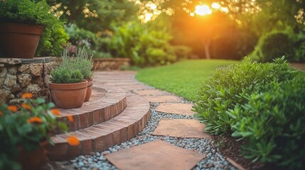 Fototapeta premium Sunset garden path with brick steps and potted plants.