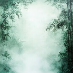 Naklejka premium Misty Dawn in the Rainforest, lush greens enveloped in fog, tranquil and ethereal ambiance, oil painting aesthetic, serene isolation