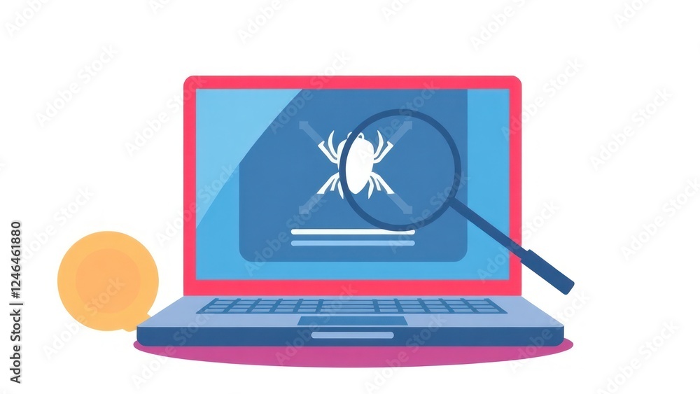 Aufkleber computer bug detection icon. system error warning on a laptop. emergency alert. scanning for malware