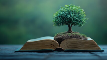Tree growing from open book, nature background
