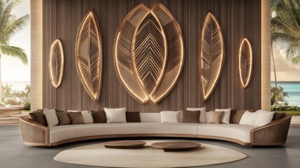 Tropical Curved Sofa with Illuminated Leaf Art