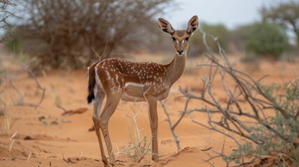 Young gazelle standing gracefully in sandy desert terrain, surrounded by sparse vegetation and bushes