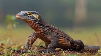 Obraz premium A detailed close-up of a lizard walking on the ground in a lush green environment