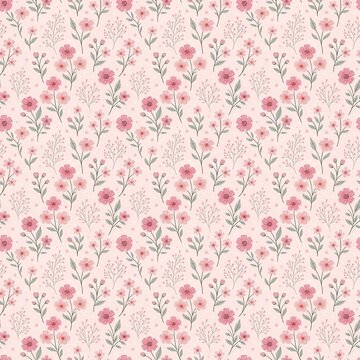 Soft pink floral seamless repeating pattern with leaves