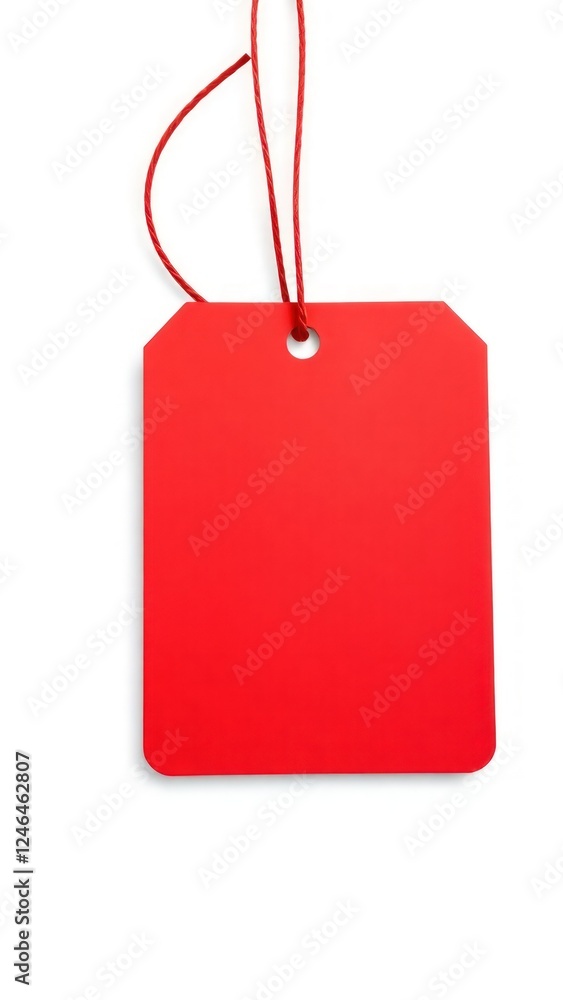Poster a vibrant red tag featuring a smooth surface and a secure tie, perfect for labeling items and enhanc