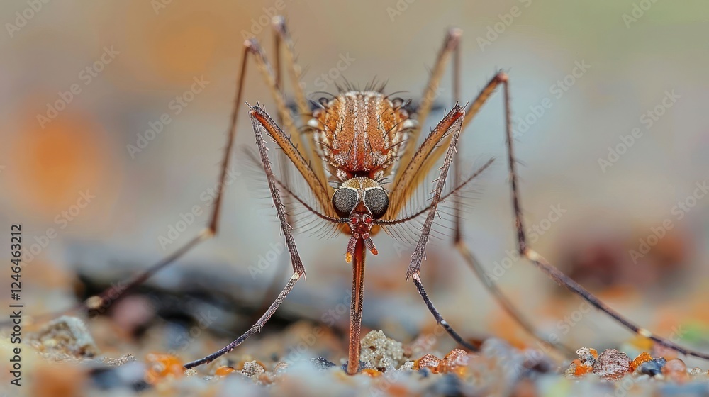 Poster close-up of a mosquito feeding on a surface with colorful particles in the background