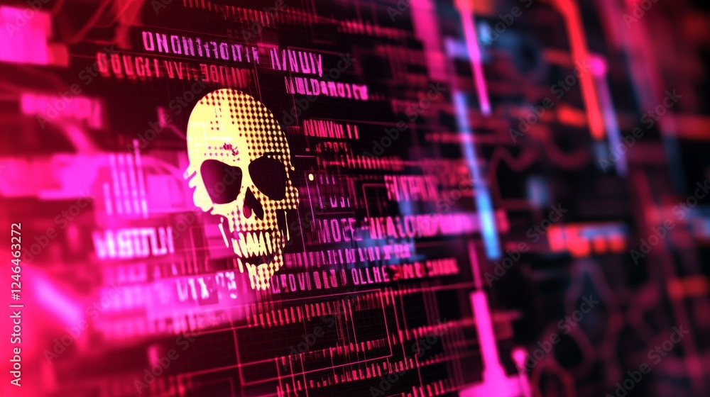Poster glowing warning icon on a digital lcd screen with reflection, representing cybersecurity threats lik