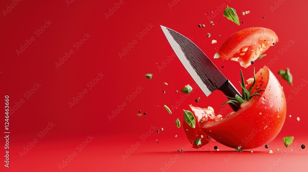 Poster a 3d render of a chef's knife slicing through a tomato in slow motion.