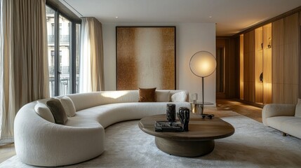 An inviting and stylish living area showcases a curved, plush sofa, a wooden coffee table, and large windows offering natural light. The decor blends comfort with modern aesthetics