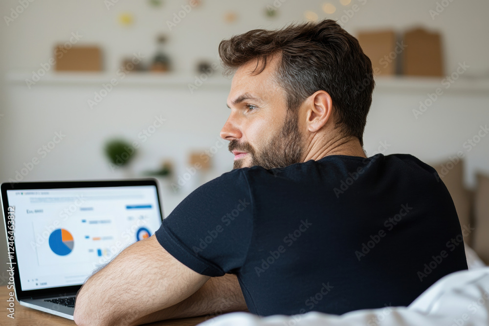 Poster man analyzing e commerce trends on laptop, showcasing data insights and graphs