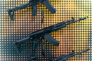 Modern weapons automatic rifles and machine gun on the counter. Firearms for the army and police