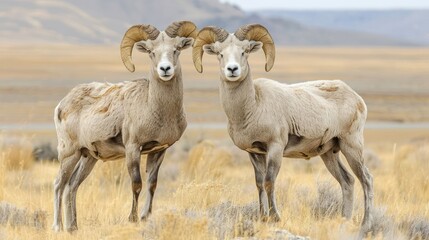 Obraz premium Two majestic bighorn sheep standing in a golden grassy landscape under a clear sky