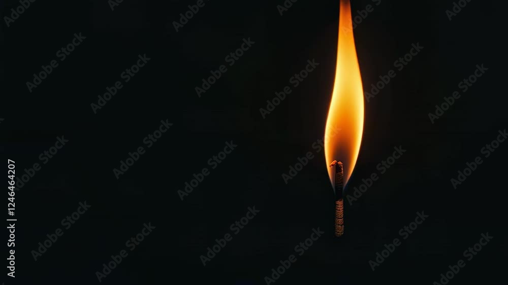 Poster single flame burning brightly on a wooden wick, casting a warm glow against a dark backdrop, creatin