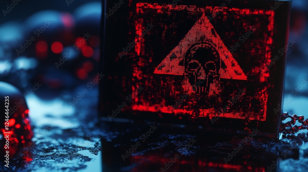 Poster glowing warning icon on a digital lcd screen with reflection, representing cybersecurity threats lik