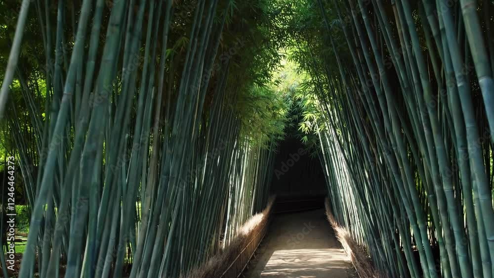Poster explore a serene bamboo grove with a winding path surrounded by towering green stalks of bamboo