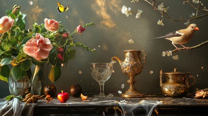 Fototapeta premium Vintage still life with flowers, books, and decor