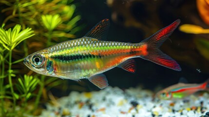 Fototapeta premium Colorful fish swimming gracefully in a vibrant aquarium surrounded by aquatic plants and pebbles