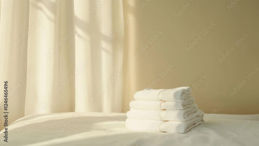 Aufkleber Sunlight illuminates a stack of white towels on a bed, creating a serene and inviting atmosphere in a hotel room, perfect for showcasing hospitality and relaxation