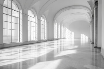 Fototapeta premium minimalist white room flooded with morning light creating geometric shadows, surreal empty space with architectural clean lines