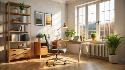 Fototapeta premium Rustic, modern home office, featuring vintage photos.