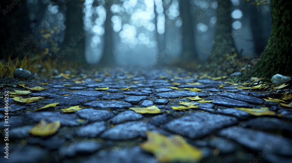Poster serene moonlit path in a quiet forest surrounded by lush trees and gentle fog