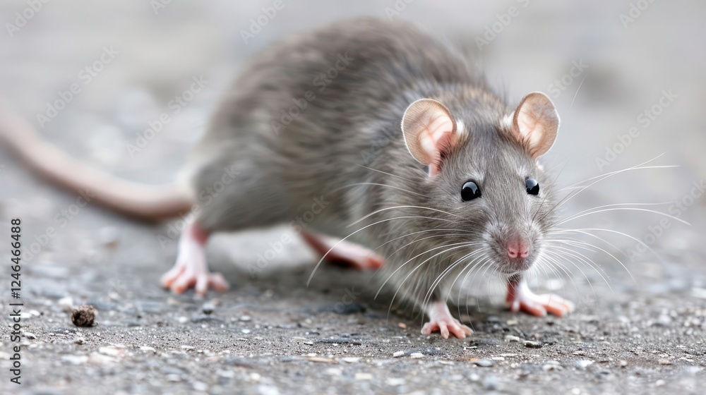 Poster close-up of a curious gray mouse exploring a textured surface in a natural setting