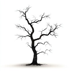 Fototapeta premium Haunting Tree Silhouette, a chilling Halloween scene featuring a barren tree with twisted branches against a stark white backdrop, evokes an eerie atmosphere