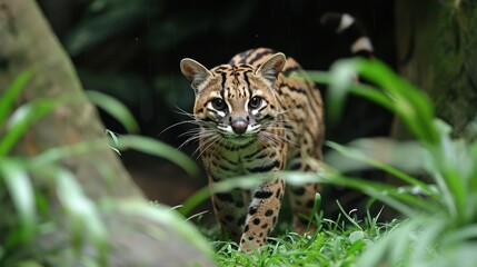 Obraz premium A wild ocelot prowls through lush green vegetation in a tropical habitat, showcasing its striking coat