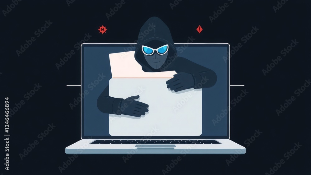 Poster hacker hides in document folder on laptop. emergency warning of cybercrime alert, data hacking, malw