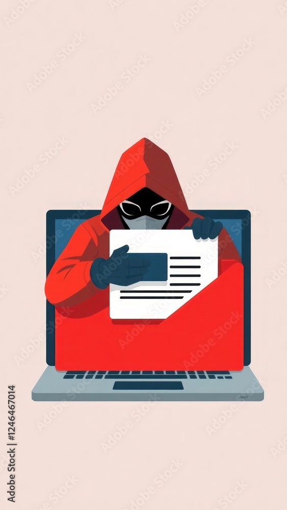 Poster hacker hides in document folder on laptop. emergency warning of cybercrime alert, data hacking, malw