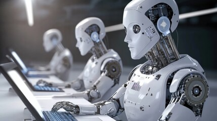 Fototapeta premium Industrial AI specialists training factory robots using deep learning algorithms.