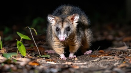 A nocturnal marsupial foraging on the forest floor amidst fallen leaves and plants