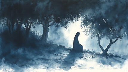 A somber watercolor of Jesus praying in the Garden of Gethsemane, the olive trees casting long shadows under the moonlight, the brushstrokes soft and expressive, creating an ethereal,