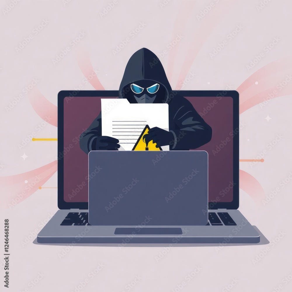 Poster hacker hides in document folder on laptop. emergency warning of cybercrime alert, data hacking, malw