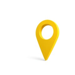 3D yellow location pin icon with a hollow center, representing navigation, direction, and maps in a sleek, modern design. Isolated on white background.