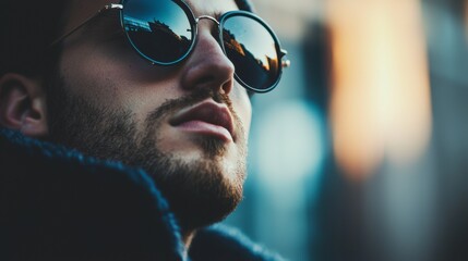 Stylish man wearing sunglasses in dramatic lighting