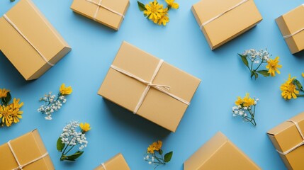 Gift boxes and flowers scattered on a vibrant blue background