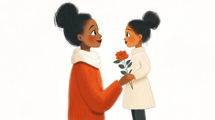 Happy Mother's Day greeting card with mother and daughter with flower, lovely illustration