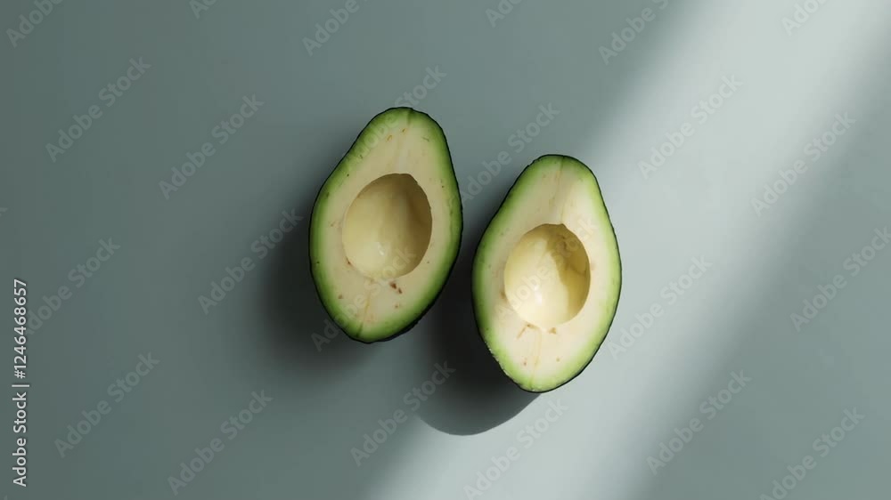 Aufkleber Minimalist composition showcasing two avocado halves on a pastel green background, illuminated by a soft, diagonal light beam, creating a visually appealing slow motion sequence