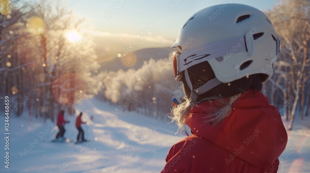 Poster a skier views the breathtaking sunset while standing on a snowy hill. friends are seen snowboarding 