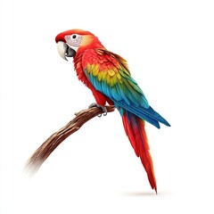 Obraz premium Vibrant parrot perched, exotic bird illustration, tropical colors, white background, eye-catching design element, lively and colorful representation