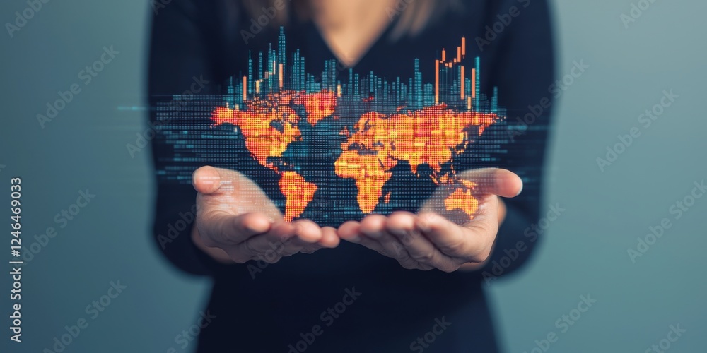 Poster a person holds a digital world map with vibrant data visualizations, symbolizing global connections 