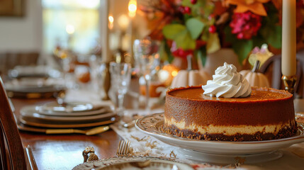 Fototapeta premium Delightful Pumpkin Cheesecake with Whipped Cream on Festive Dinner Table