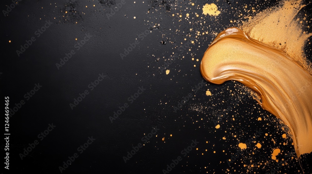Fototapete Swirling black and gold shapes create a striking abstract effect on a textured background, showcasing high contrast and a creative composition with copy space