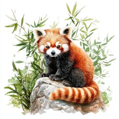 Fototapeta premium Adorable red panda sitting on a rock surrounded by fresh bamboo on a white background