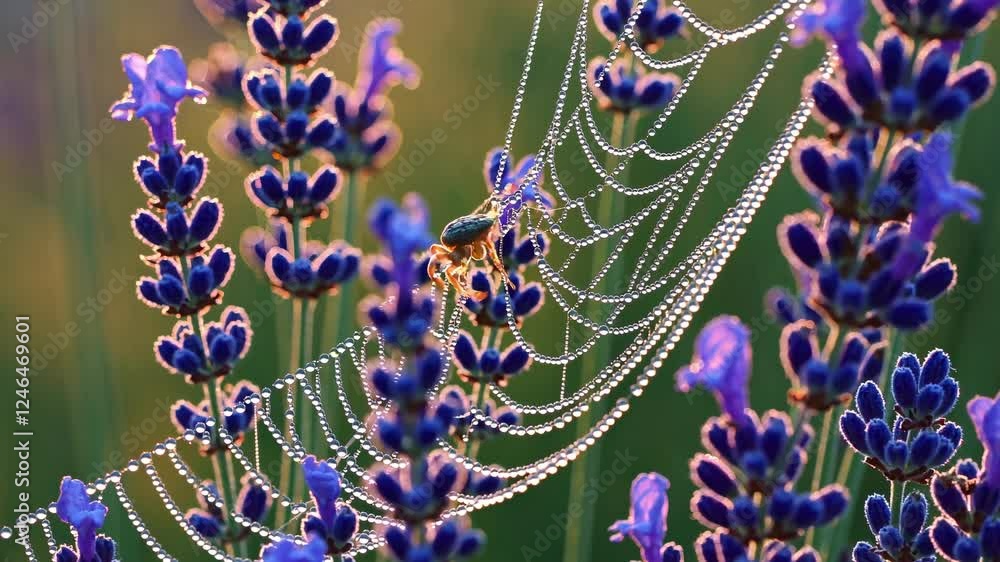 Aufkleber close-up view of a spider web adorned with dew near a field of lavender flowers during a sunny morni