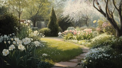 Serene spring garden pathway with blooming flowers and lush greenery