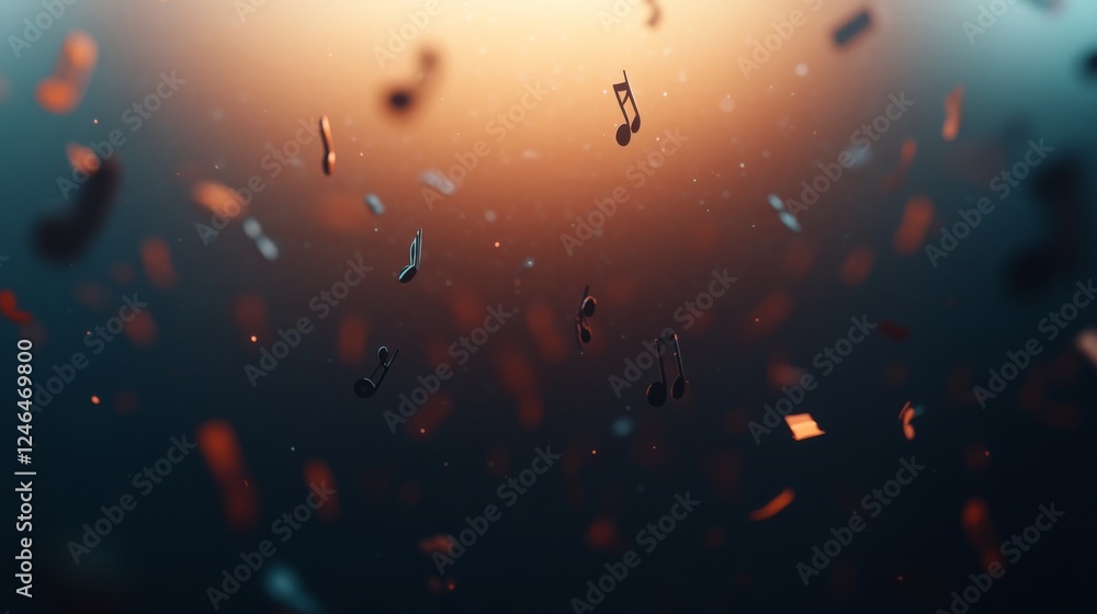 Poster An abstract composition features music notes and symbols gracefully floating across a dark background, offering a captivating visual experience for artistic endeavors