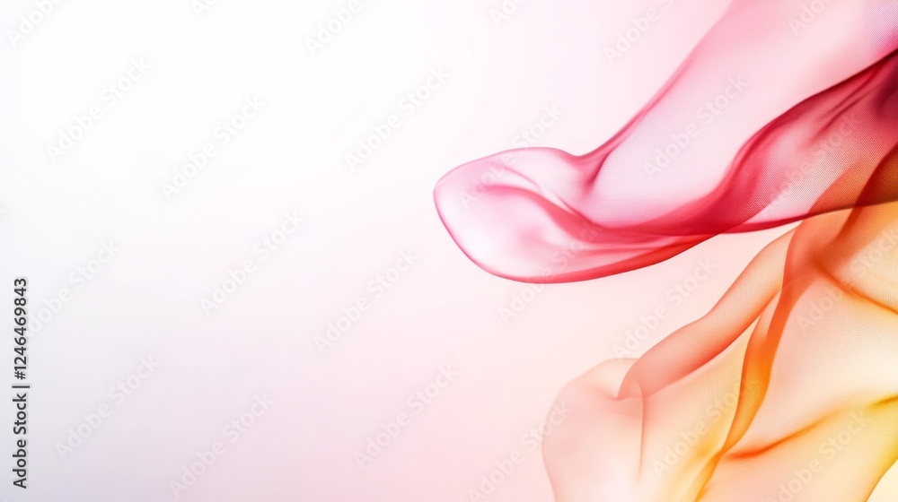 Poster Bold red and yellow gradients interweave with delicate leaves and fluid fabric, resulting in an artistic composition with space for added design elements